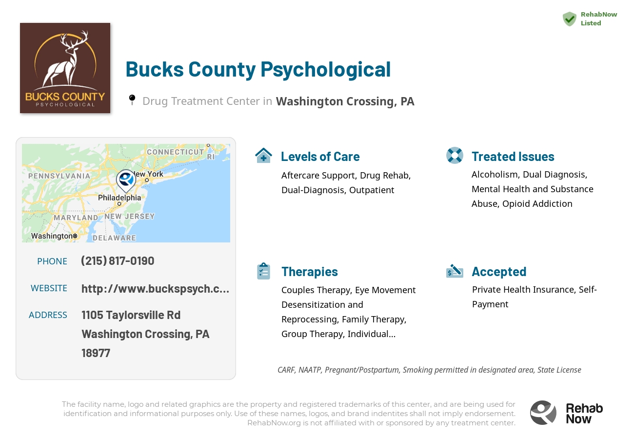 Helpful reference information for Bucks County Psychological, a drug treatment center in Pennsylvania located at: 1105 Taylorsville Rd, Washington Crossing, PA 18977, including phone numbers, official website, and more. Listed briefly is an overview of Levels of Care, Therapies Offered, Issues Treated, and accepted forms of Payment Methods.