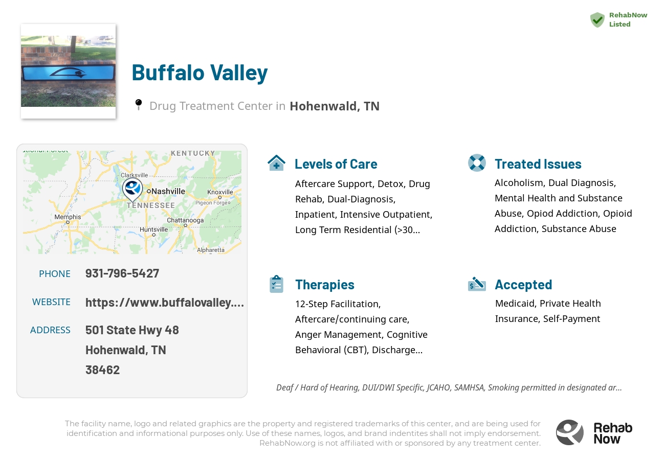 Helpful reference information for Buffalo Valley, a drug treatment center in Tennessee located at: 501 State Hwy 48, Hohenwald, TN 38462, including phone numbers, official website, and more. Listed briefly is an overview of Levels of Care, Therapies Offered, Issues Treated, and accepted forms of Payment Methods.