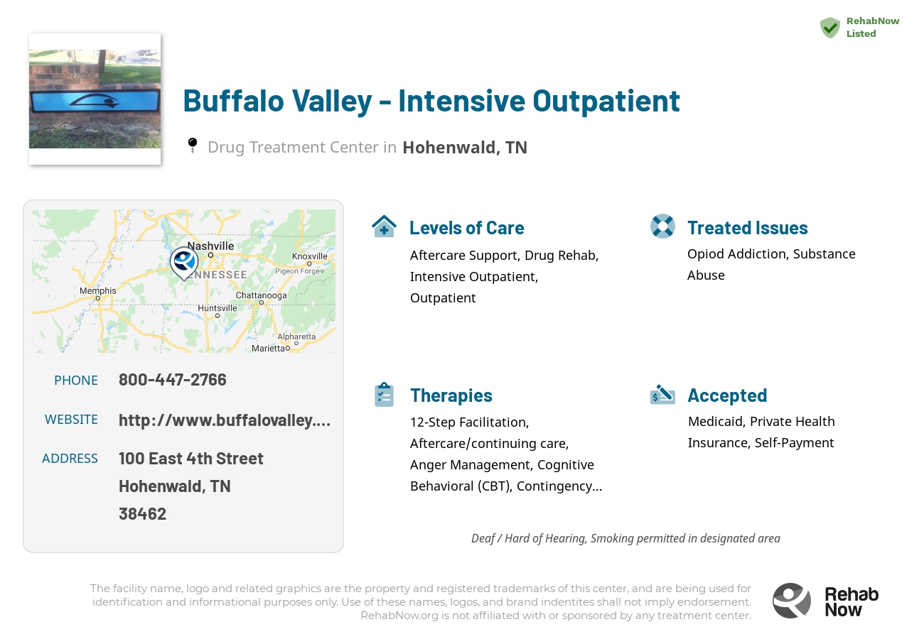 Helpful reference information for Buffalo Valley - Intensive Outpatient, a drug treatment center in Tennessee located at: 100 East 4th Street, Hohenwald, TN 38462, including phone numbers, official website, and more. Listed briefly is an overview of Levels of Care, Therapies Offered, Issues Treated, and accepted forms of Payment Methods.
