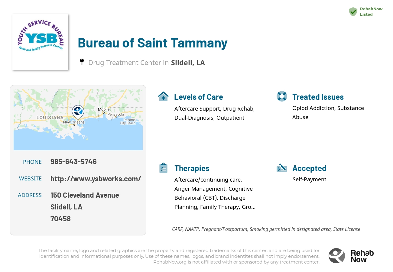 Helpful reference information for Bureau of Saint Tammany, a drug treatment center in Louisiana located at: 150 Cleveland Avenue, Slidell, LA 70458, including phone numbers, official website, and more. Listed briefly is an overview of Levels of Care, Therapies Offered, Issues Treated, and accepted forms of Payment Methods.