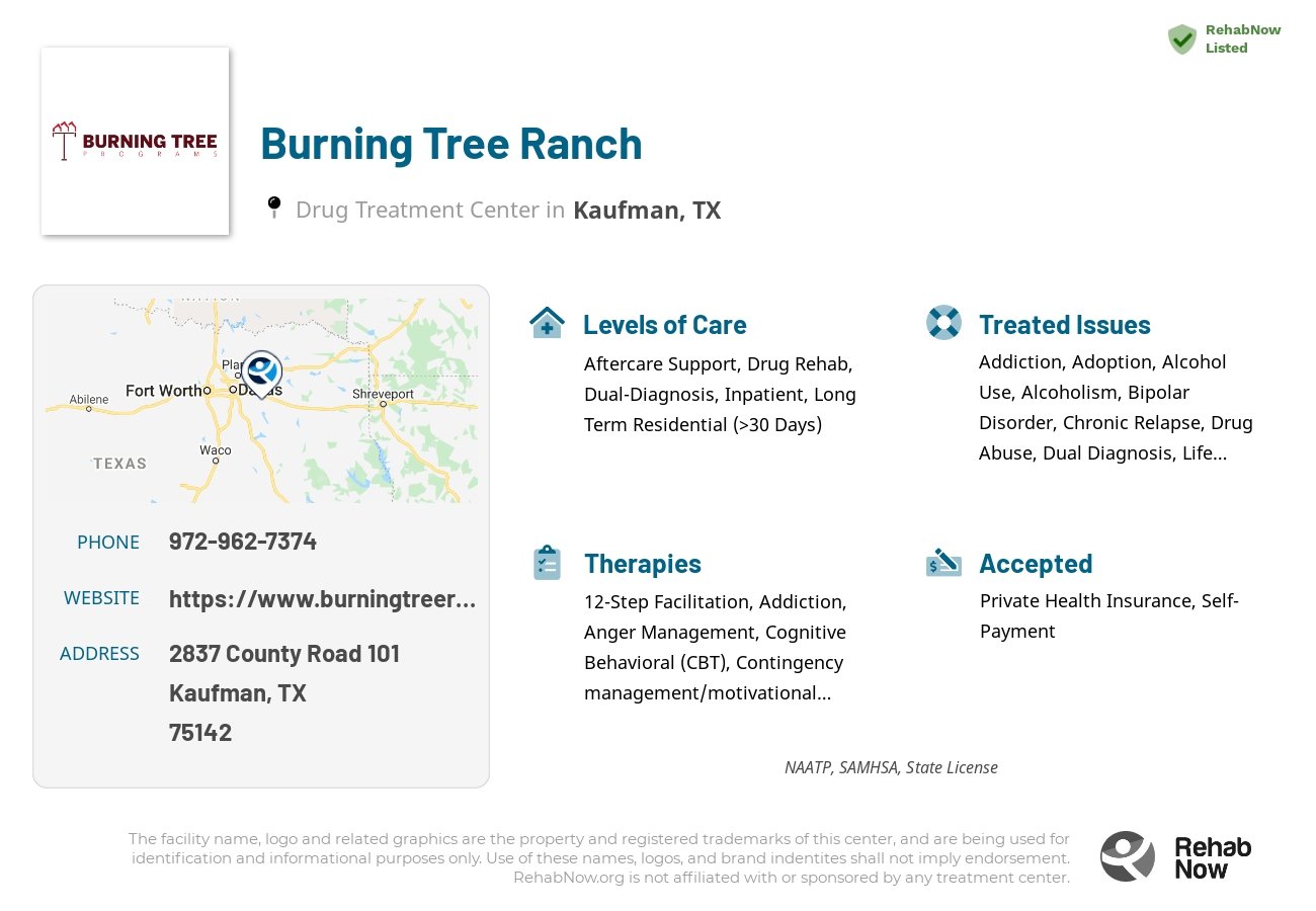 Helpful reference information for Burning Tree Ranch, a drug treatment center in Texas located at: 2837 County Road 101, Kaufman, TX, 75142, including phone numbers, official website, and more. Listed briefly is an overview of Levels of Care, Therapies Offered, Issues Treated, and accepted forms of Payment Methods.