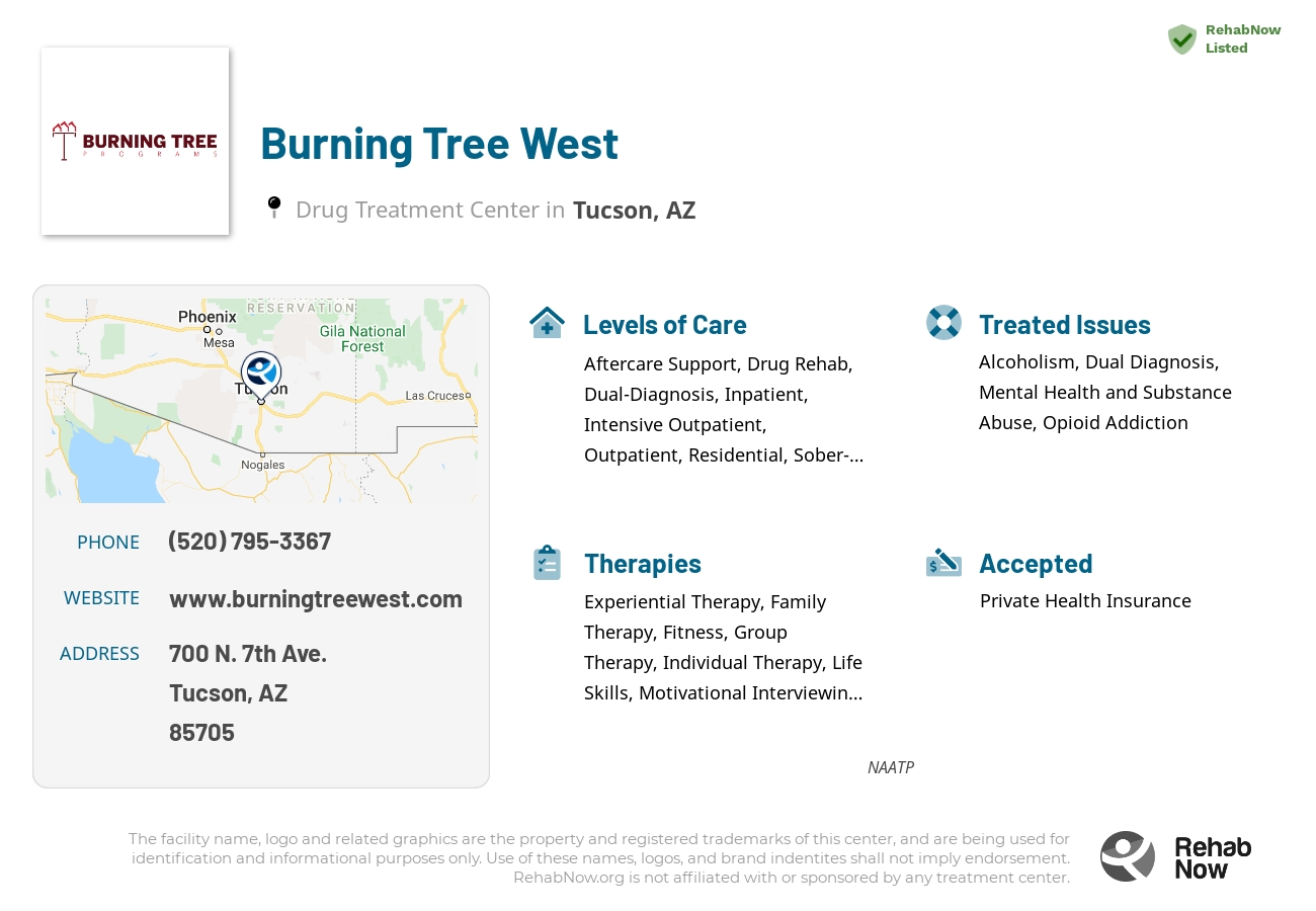 Helpful reference information for Burning Tree West, a drug treatment center in Arizona located at: 700 N. 7th Ave., Tucson, AZ, 85705, including phone numbers, official website, and more. Listed briefly is an overview of Levels of Care, Therapies Offered, Issues Treated, and accepted forms of Payment Methods.
