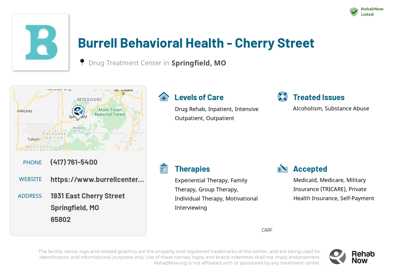 Helpful reference information for Burrell Behavioral Health - Cherry Street, a drug treatment center in Missouri located at: 1931 1931 East Cherry Street, Springfield, MO 65802, including phone numbers, official website, and more. Listed briefly is an overview of Levels of Care, Therapies Offered, Issues Treated, and accepted forms of Payment Methods.