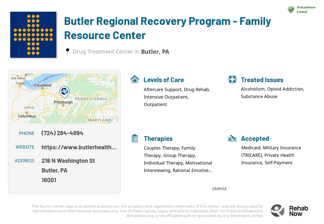 Helpful reference information for Butler Regional Recovery Program - Family Resource Center, a drug treatment center in Pennsylvania located at: 216 N Washington St, Butler, PA 16001, including phone numbers, official website, and more. Listed briefly is an overview of Levels of Care, Therapies Offered, Issues Treated, and accepted forms of Payment Methods.