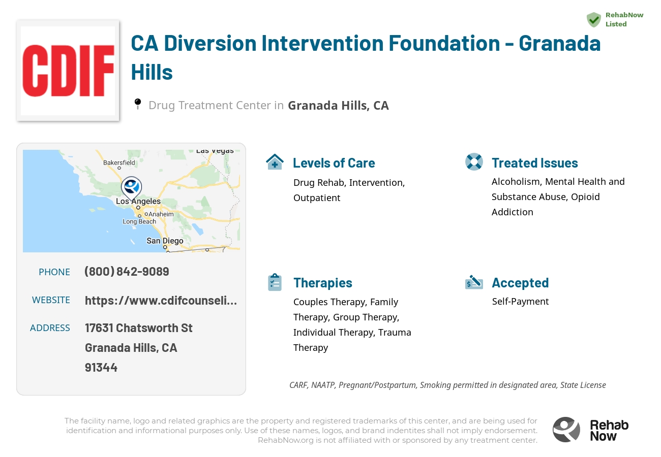 Helpful reference information for CA Diversion Intervention Foundation - Granada Hills, a drug treatment center in California located at: 17631 Chatsworth St, Granada Hills, CA 91344, including phone numbers, official website, and more. Listed briefly is an overview of Levels of Care, Therapies Offered, Issues Treated, and accepted forms of Payment Methods.