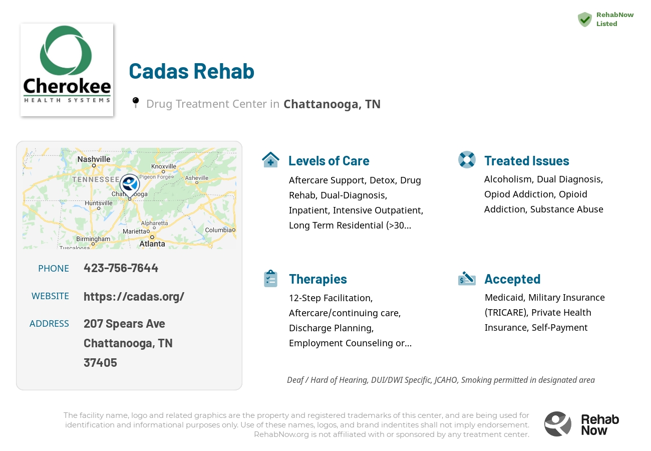 Helpful reference information for Cadas Rehab, a drug treatment center in Tennessee located at: 207 Spears Ave, Chattanooga, TN 37405, including phone numbers, official website, and more. Listed briefly is an overview of Levels of Care, Therapies Offered, Issues Treated, and accepted forms of Payment Methods.