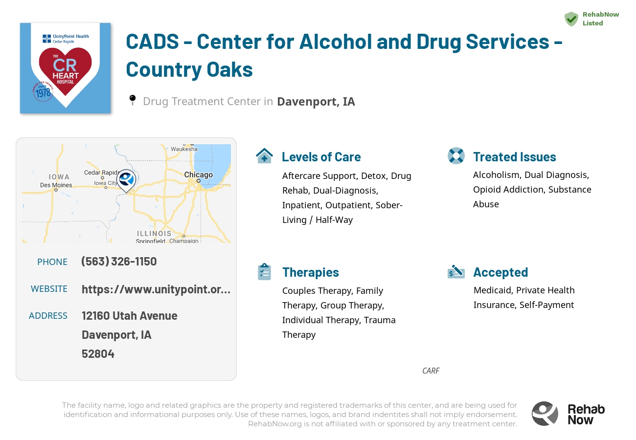Helpful reference information for CADS - Center for Alcohol and Drug Services - Country Oaks, a drug treatment center in Iowa located at: 12160 Utah Avenue, Davenport, IA, 52804, including phone numbers, official website, and more. Listed briefly is an overview of Levels of Care, Therapies Offered, Issues Treated, and accepted forms of Payment Methods.