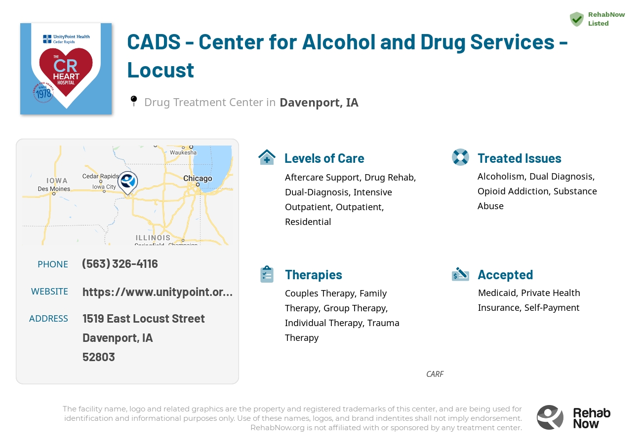 Helpful reference information for CADS - Center for Alcohol and Drug Services - Locust, a drug treatment center in Iowa located at: 1519 East Locust Street, Davenport, IA, 52803, including phone numbers, official website, and more. Listed briefly is an overview of Levels of Care, Therapies Offered, Issues Treated, and accepted forms of Payment Methods.