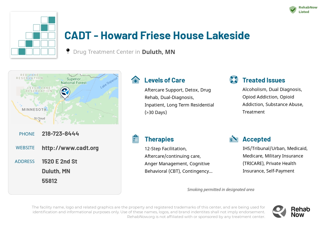 Helpful reference information for CADT - Howard Friese House Lakeside, a drug treatment center in Minnesota located at: 1520 E 2nd St, Duluth, MN 55812, including phone numbers, official website, and more. Listed briefly is an overview of Levels of Care, Therapies Offered, Issues Treated, and accepted forms of Payment Methods.