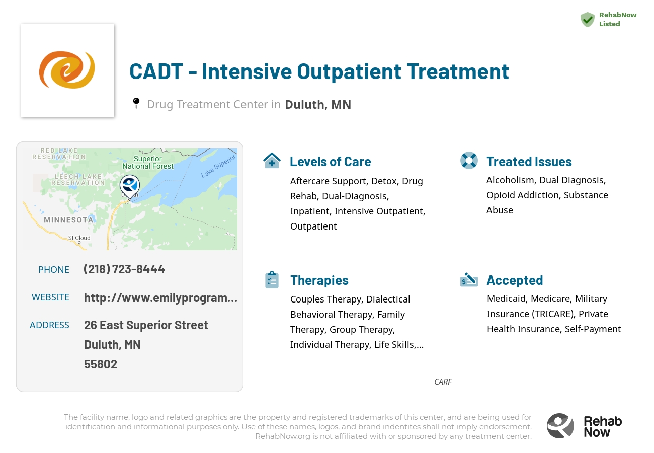 Helpful reference information for CADT - Intensive Outpatient Treatment, a drug treatment center in Minnesota located at: 26 26 East Superior Street, Duluth, MN 55802, including phone numbers, official website, and more. Listed briefly is an overview of Levels of Care, Therapies Offered, Issues Treated, and accepted forms of Payment Methods.