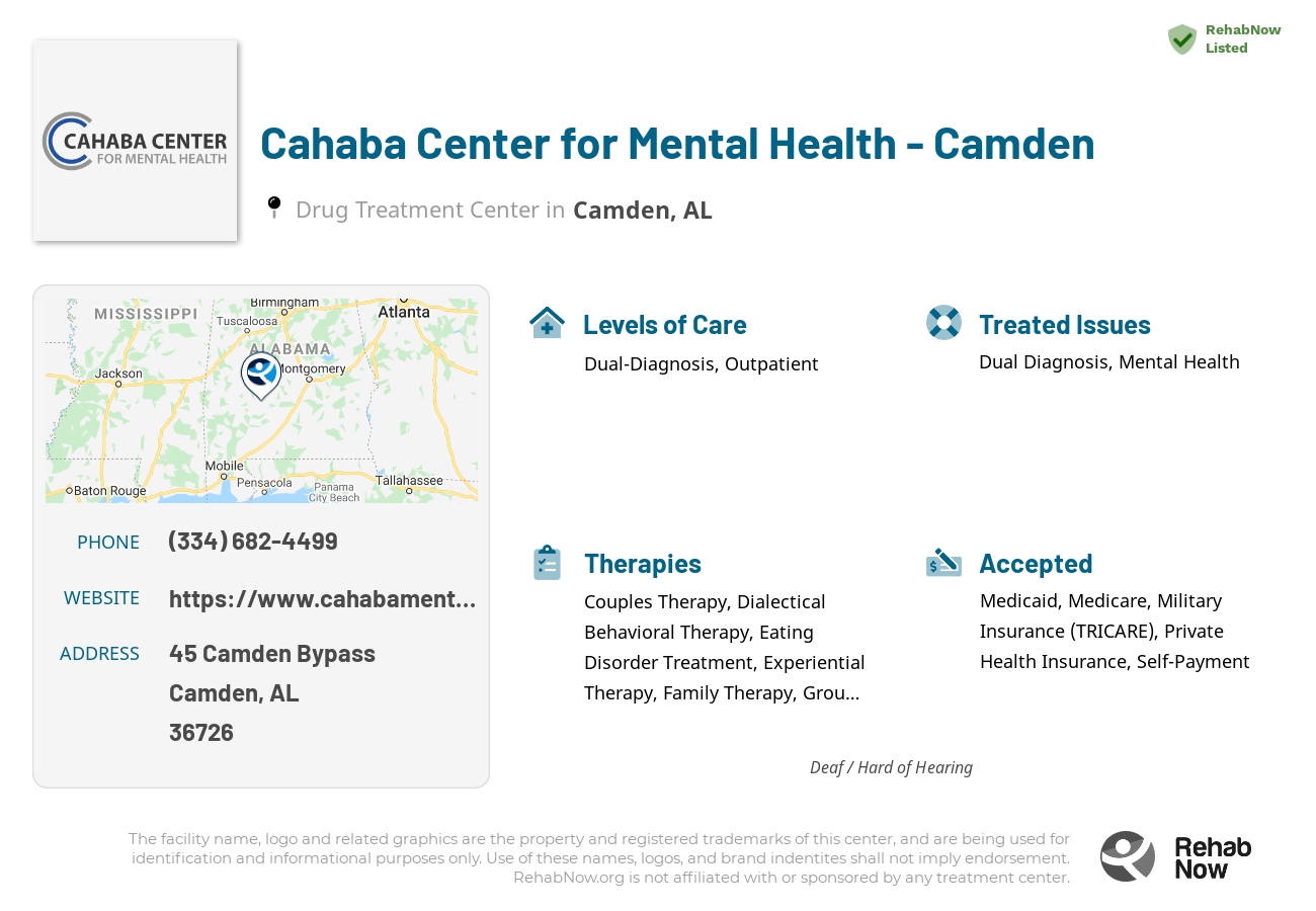 Helpful reference information for Cahaba Center for Mental Health - Camden, a drug treatment center in Alabama located at: 45 Camden Bypass, Camden, AL, 36726, including phone numbers, official website, and more. Listed briefly is an overview of Levels of Care, Therapies Offered, Issues Treated, and accepted forms of Payment Methods.