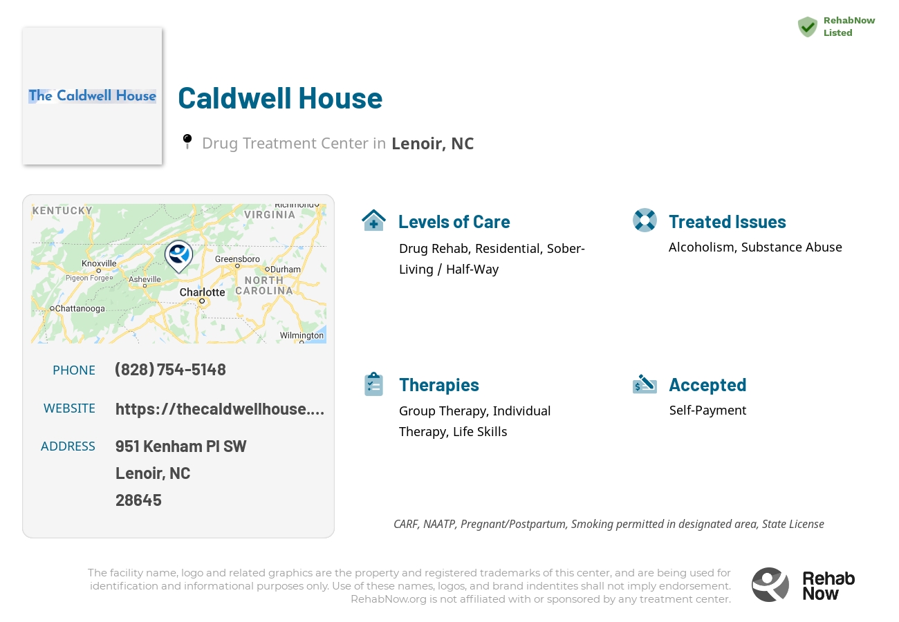 Helpful reference information for Caldwell House, a drug treatment center in North Carolina located at: 951 Kenham Pl SW, Lenoir, NC 28645, including phone numbers, official website, and more. Listed briefly is an overview of Levels of Care, Therapies Offered, Issues Treated, and accepted forms of Payment Methods.