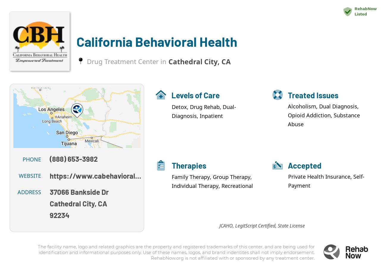 Helpful reference information for California Behavioral Health, a drug treatment center in California located at: 37066 Bankside Dr, Cathedral City, CA 92234, including phone numbers, official website, and more. Listed briefly is an overview of Levels of Care, Therapies Offered, Issues Treated, and accepted forms of Payment Methods.