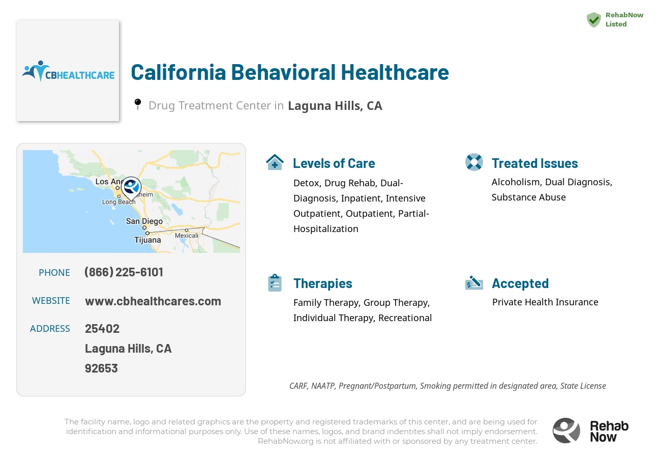 Helpful reference information for California Behavioral Healthcare, a drug treatment center in California located at: 25402, Hillary Lane, Laguna Hills, CA, 92653, including phone numbers, official website, and more. Listed briefly is an overview of Levels of Care, Therapies Offered, Issues Treated, and accepted forms of Payment Methods.