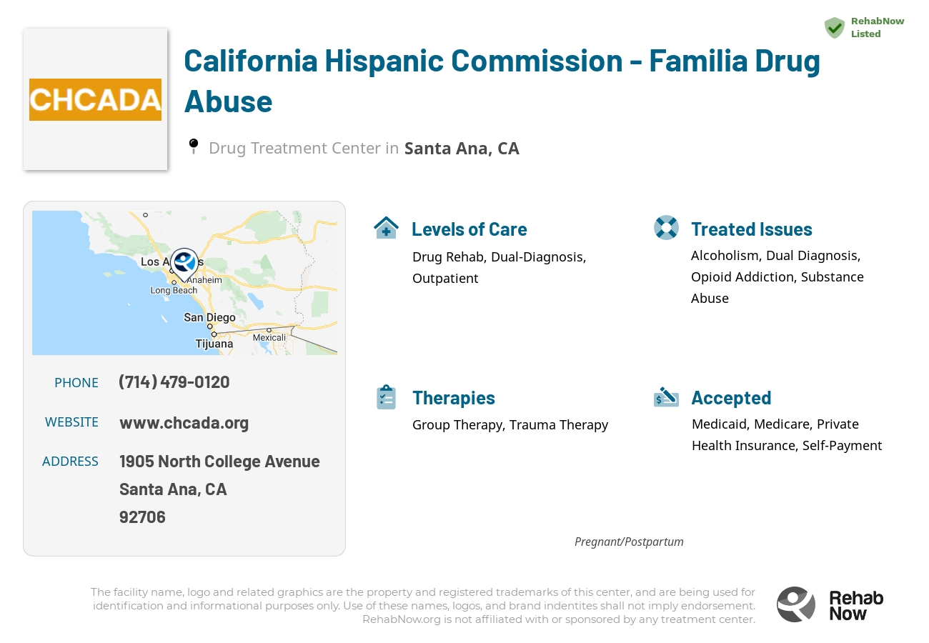 Helpful reference information for California Hispanic Commission - Familia Drug Abuse, a drug treatment center in California located at: 1905 North College Avenue, Santa Ana, CA, 92706, including phone numbers, official website, and more. Listed briefly is an overview of Levels of Care, Therapies Offered, Issues Treated, and accepted forms of Payment Methods.
