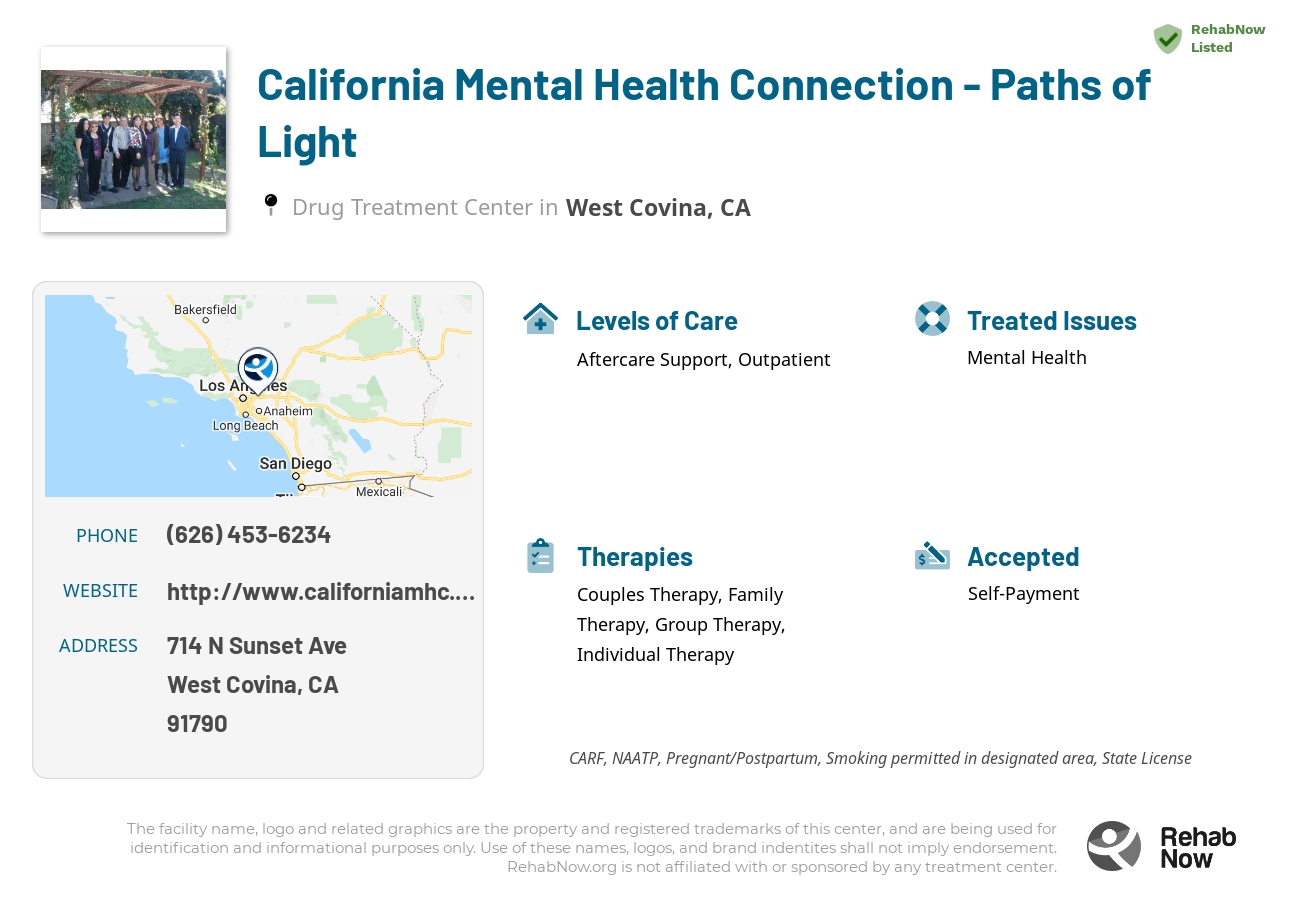 Helpful reference information for California Mental Health Connection - Paths of Light, a drug treatment center in California located at: 714 N Sunset Ave, West Covina, CA 91790, including phone numbers, official website, and more. Listed briefly is an overview of Levels of Care, Therapies Offered, Issues Treated, and accepted forms of Payment Methods.
