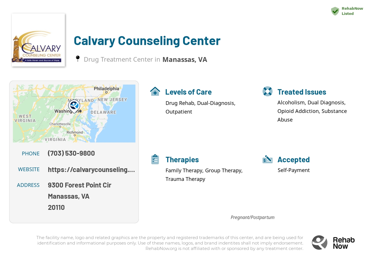 Helpful reference information for Calvary Counseling Center, a drug treatment center in Virginia located at: 9300 Forest Point Cir, Manassas, VA 20110, including phone numbers, official website, and more. Listed briefly is an overview of Levels of Care, Therapies Offered, Issues Treated, and accepted forms of Payment Methods.
