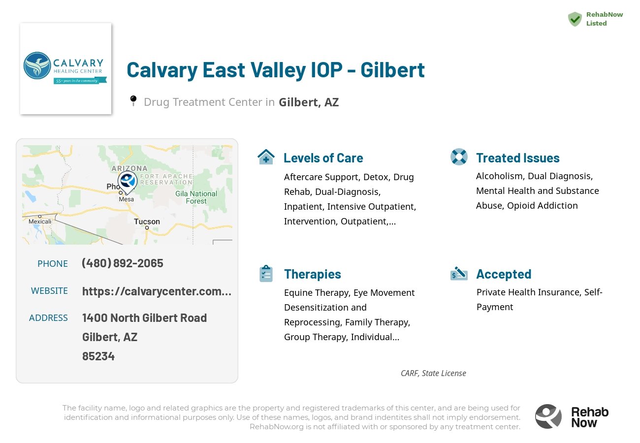 Helpful reference information for Calvary East Valley IOP - Gilbert, a drug treatment center in Arizona located at: 1400 North Gilbert Road, Gilbert, AZ, 85234, including phone numbers, official website, and more. Listed briefly is an overview of Levels of Care, Therapies Offered, Issues Treated, and accepted forms of Payment Methods.