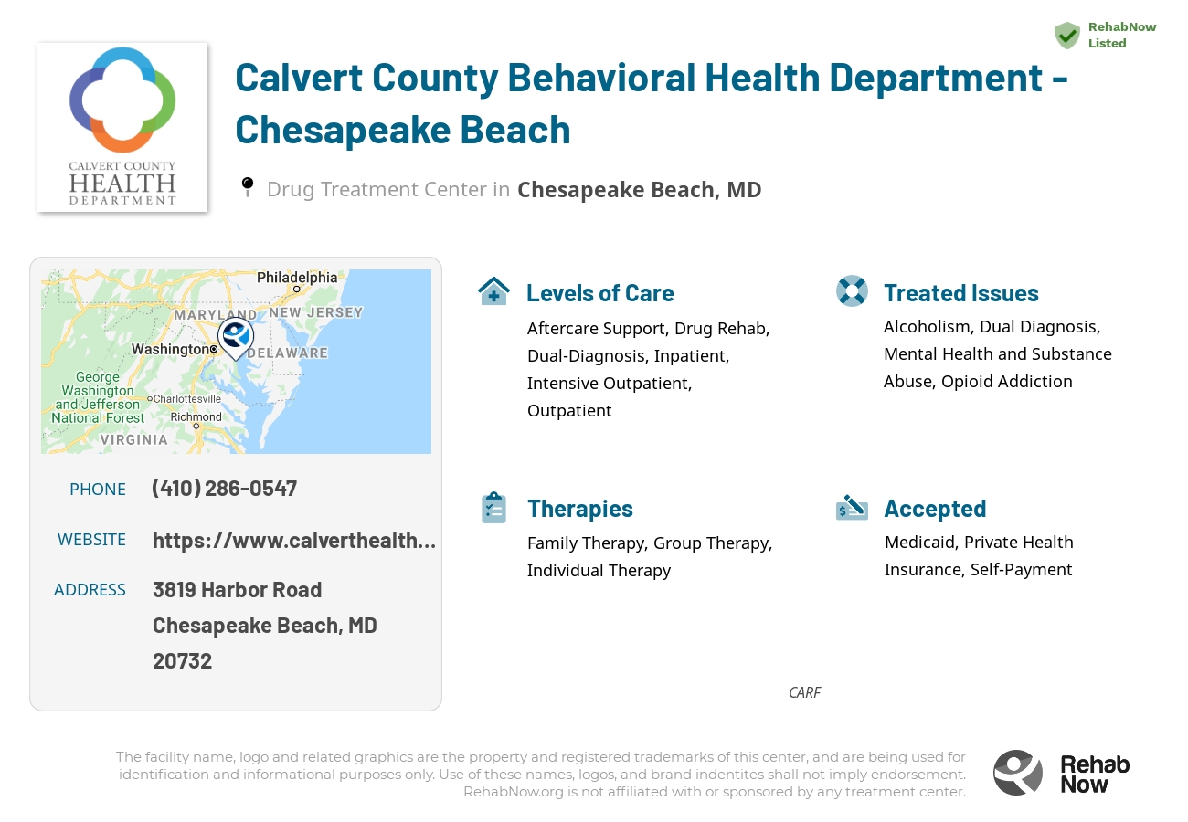 Helpful reference information for Calvert County Behavioral Health Department - Chesapeake Beach, a drug treatment center in Maryland located at: 3819 Harbor Road, Chesapeake Beach, MD, 20732, including phone numbers, official website, and more. Listed briefly is an overview of Levels of Care, Therapies Offered, Issues Treated, and accepted forms of Payment Methods.