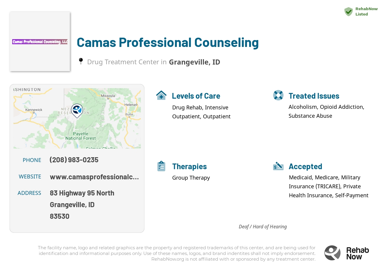Helpful reference information for Camas Professional Counseling, a drug treatment center in Idaho located at: 83 Highway 95 North, Grangeville, ID, 83530, including phone numbers, official website, and more. Listed briefly is an overview of Levels of Care, Therapies Offered, Issues Treated, and accepted forms of Payment Methods.