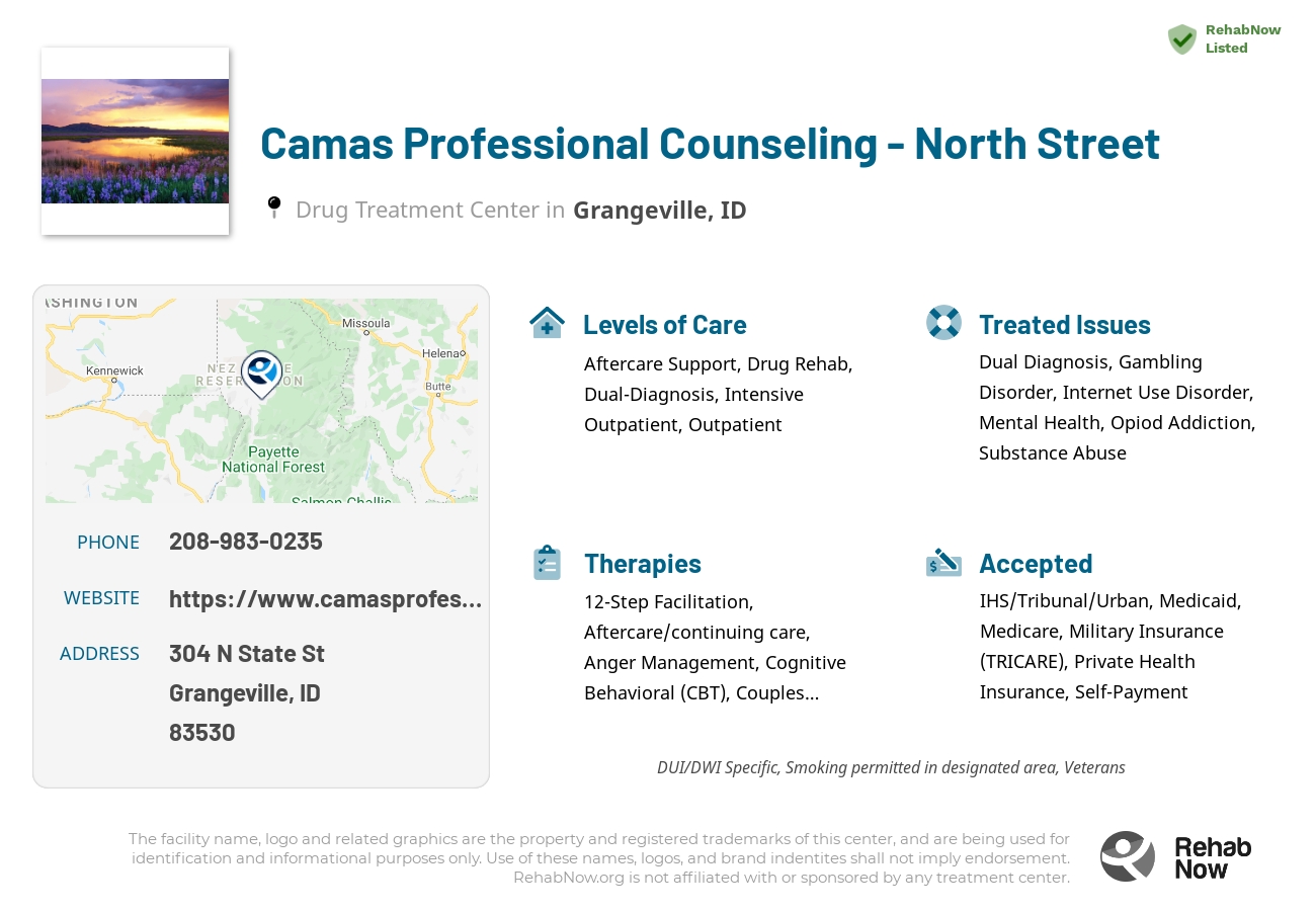 Helpful reference information for Camas Professional Counseling - North Street, a drug treatment center in Idaho located at: 304 N State St, Grangeville, ID 83530, including phone numbers, official website, and more. Listed briefly is an overview of Levels of Care, Therapies Offered, Issues Treated, and accepted forms of Payment Methods.