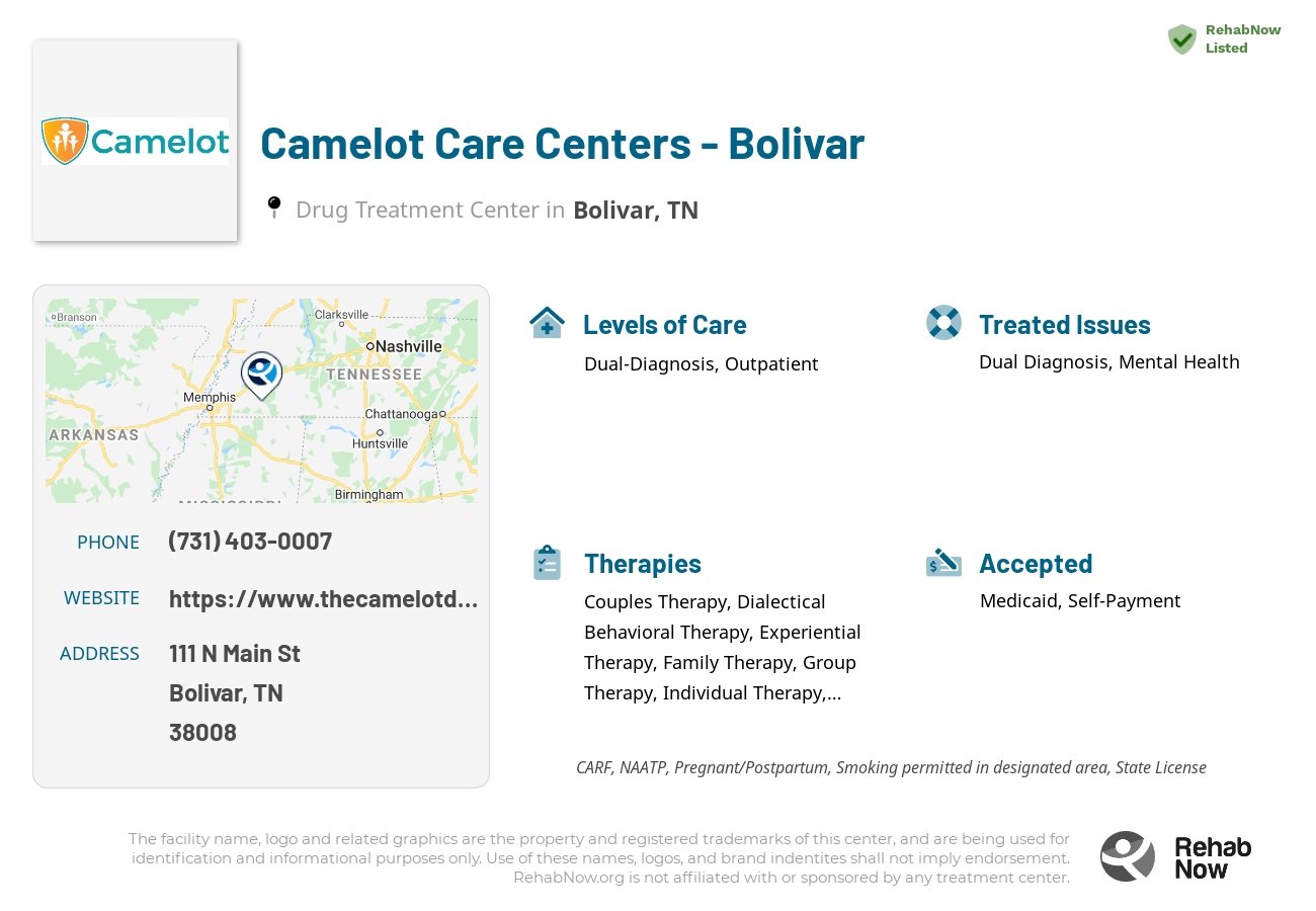 Helpful reference information for Camelot Care Centers - Bolivar, a drug treatment center in Tennessee located at: 111 N Main St, Bolivar, TN 38008, including phone numbers, official website, and more. Listed briefly is an overview of Levels of Care, Therapies Offered, Issues Treated, and accepted forms of Payment Methods.