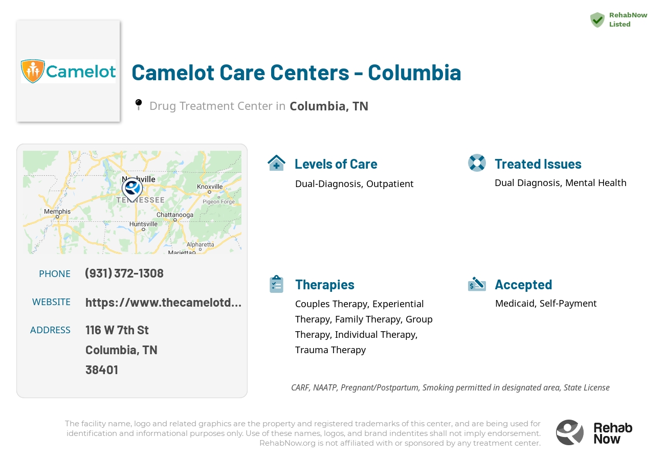 Helpful reference information for Camelot Care Centers - Columbia, a drug treatment center in Tennessee located at: 116 W 7th St, Columbia, TN 38401, including phone numbers, official website, and more. Listed briefly is an overview of Levels of Care, Therapies Offered, Issues Treated, and accepted forms of Payment Methods.