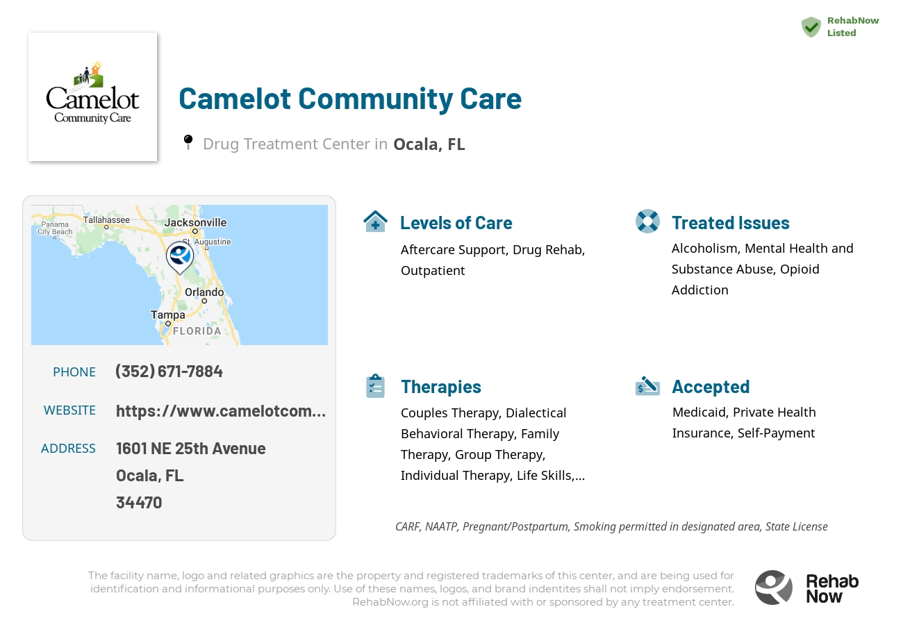 Helpful reference information for Camelot Community Care, a drug treatment center in Florida located at: 1601 NE 25th Avenue, Ocala, FL, 34470, including phone numbers, official website, and more. Listed briefly is an overview of Levels of Care, Therapies Offered, Issues Treated, and accepted forms of Payment Methods.