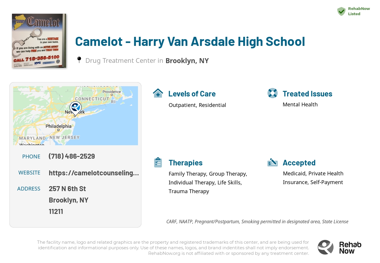Helpful reference information for Camelot - Harry Van Arsdale High School, a drug treatment center in New York located at: 257 N 6th St, Brooklyn, NY 11211, including phone numbers, official website, and more. Listed briefly is an overview of Levels of Care, Therapies Offered, Issues Treated, and accepted forms of Payment Methods.