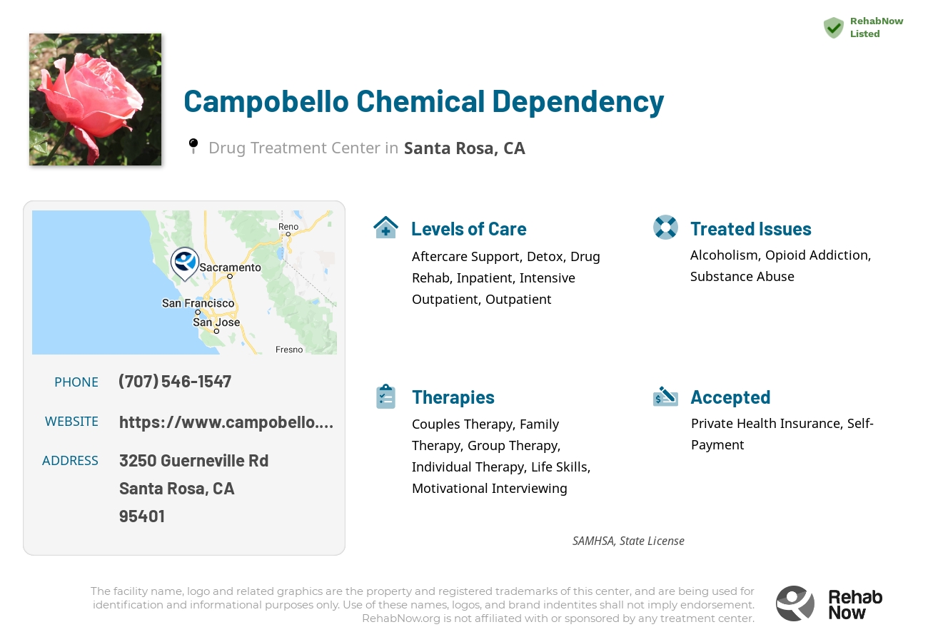 Helpful reference information for Campobello Chemical Dependency, a drug treatment center in California located at: 3250 Guerneville Rd, Santa Rosa, CA 95401, including phone numbers, official website, and more. Listed briefly is an overview of Levels of Care, Therapies Offered, Issues Treated, and accepted forms of Payment Methods.