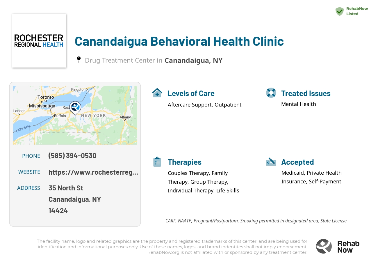 Helpful reference information for Canandaigua Behavioral Health Clinic, a drug treatment center in New York located at: 35 North St, Canandaigua, NY 14424, including phone numbers, official website, and more. Listed briefly is an overview of Levels of Care, Therapies Offered, Issues Treated, and accepted forms of Payment Methods.