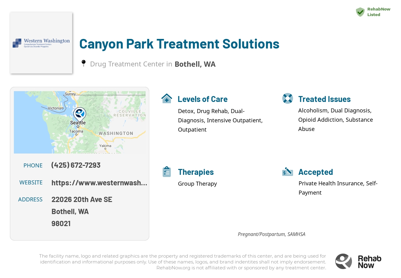 Helpful reference information for Canyon Park Treatment Solutions, a drug treatment center in Washington located at: 22026 20th Ave SE, Bothell, WA 98021, including phone numbers, official website, and more. Listed briefly is an overview of Levels of Care, Therapies Offered, Issues Treated, and accepted forms of Payment Methods.