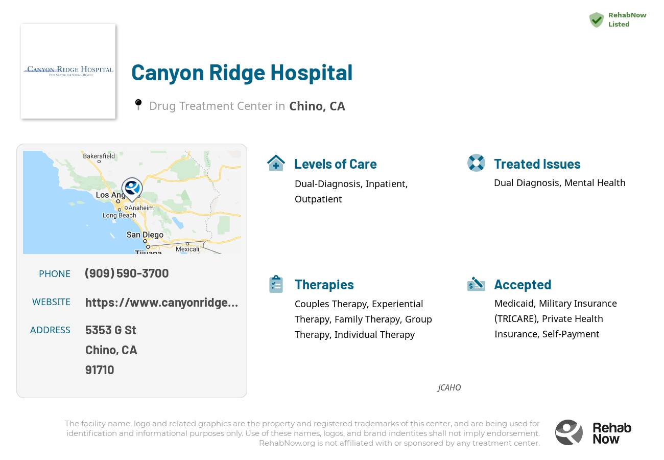 Helpful reference information for Canyon Ridge Hospital, a drug treatment center in California located at: 5353 G St, Chino, CA 91710, including phone numbers, official website, and more. Listed briefly is an overview of Levels of Care, Therapies Offered, Issues Treated, and accepted forms of Payment Methods.
