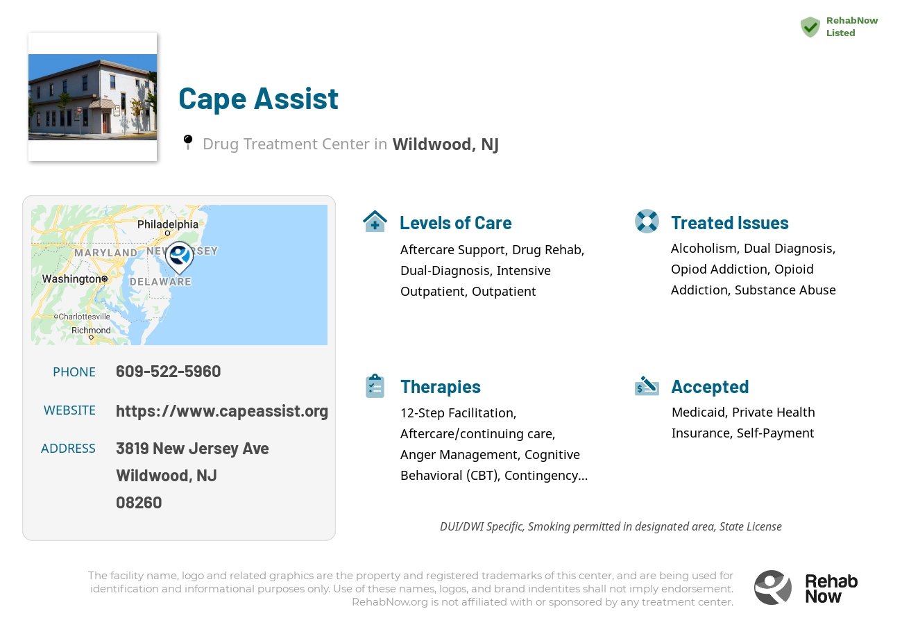 Helpful reference information for Cape Assist, a drug treatment center in New Jersey located at: 3819 New Jersey Ave, Wildwood, NJ 08260, including phone numbers, official website, and more. Listed briefly is an overview of Levels of Care, Therapies Offered, Issues Treated, and accepted forms of Payment Methods.