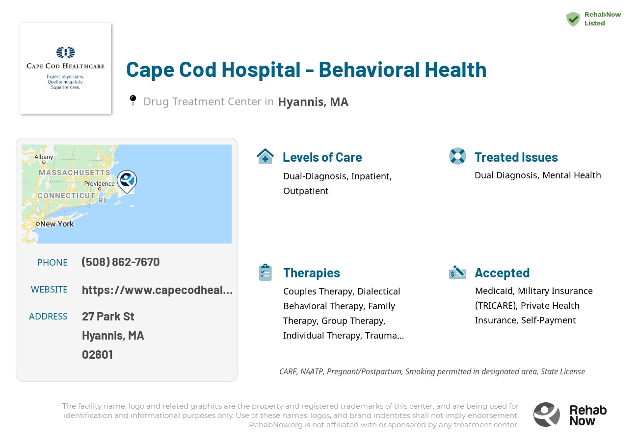 Helpful reference information for Cape Cod Hospital - Behavioral Health, a drug treatment center in Massachusetts located at: 27 Park St, Hyannis, MA 02601, including phone numbers, official website, and more. Listed briefly is an overview of Levels of Care, Therapies Offered, Issues Treated, and accepted forms of Payment Methods.