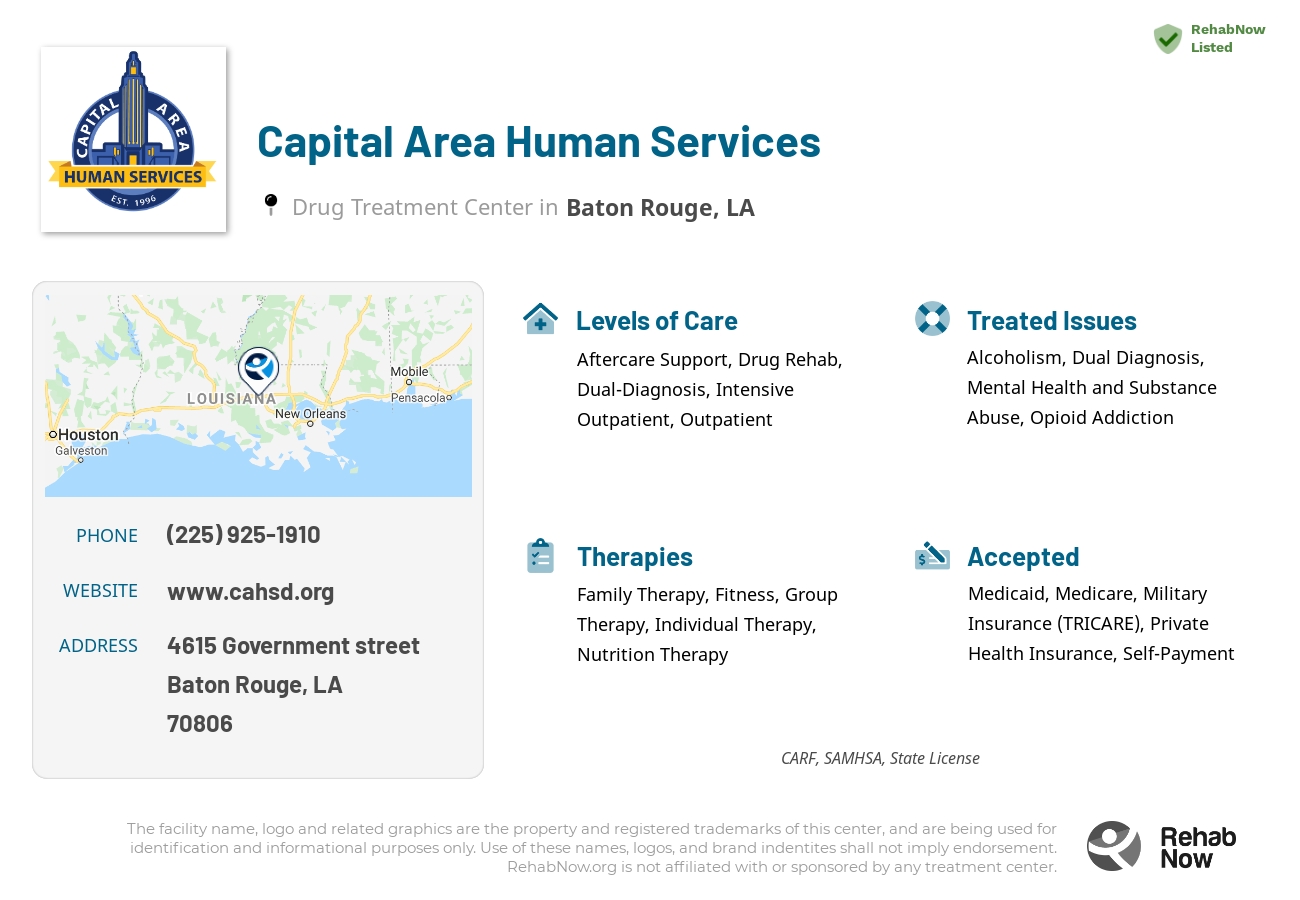 Helpful reference information for Capital Area Human Services, a drug treatment center in Louisiana located at: 4615 Government street, Baton Rouge, LA, 70806, including phone numbers, official website, and more. Listed briefly is an overview of Levels of Care, Therapies Offered, Issues Treated, and accepted forms of Payment Methods.