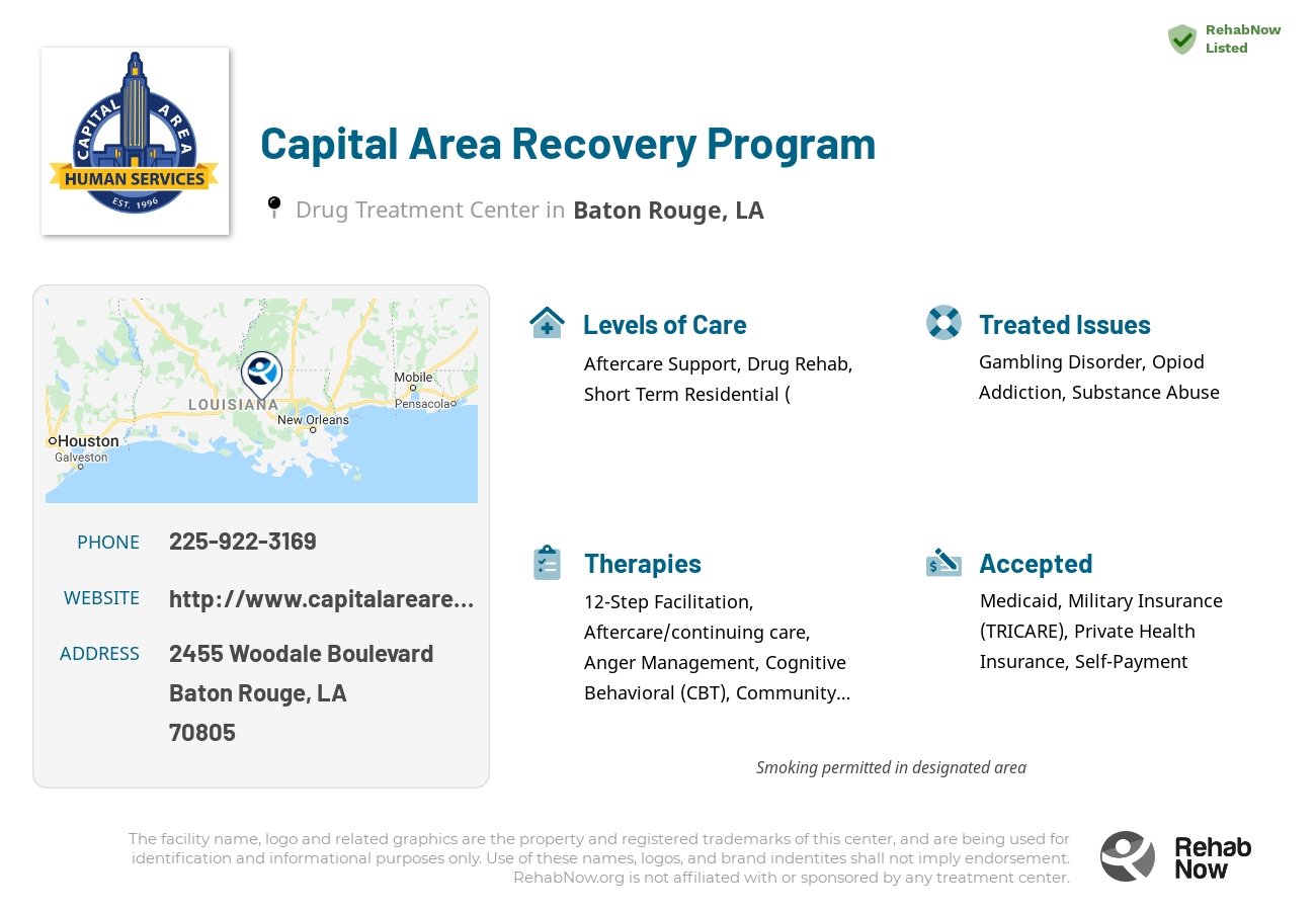Helpful reference information for Capital Area Recovery Program, a drug treatment center in Louisiana located at: 2455 Woodale Boulevard, Baton Rouge, LA 70805, including phone numbers, official website, and more. Listed briefly is an overview of Levels of Care, Therapies Offered, Issues Treated, and accepted forms of Payment Methods.