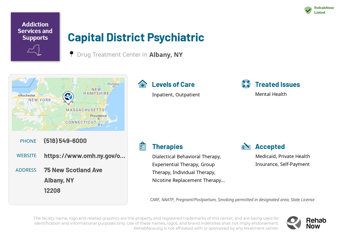Helpful reference information for Capital District Psychiatric, a drug treatment center in New York located at: 75 New Scotland Ave, Albany, NY 12208, including phone numbers, official website, and more. Listed briefly is an overview of Levels of Care, Therapies Offered, Issues Treated, and accepted forms of Payment Methods.