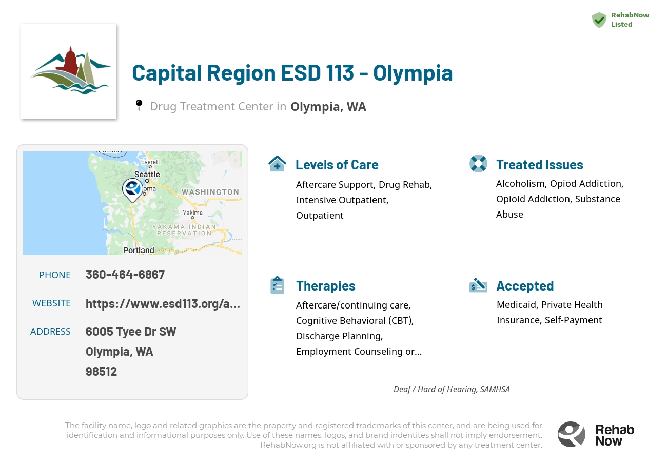 Helpful reference information for Capital Region ESD 113 - Olympia, a drug treatment center in Washington located at: 6005 Tyee Dr SW, Olympia, WA 98512, including phone numbers, official website, and more. Listed briefly is an overview of Levels of Care, Therapies Offered, Issues Treated, and accepted forms of Payment Methods.