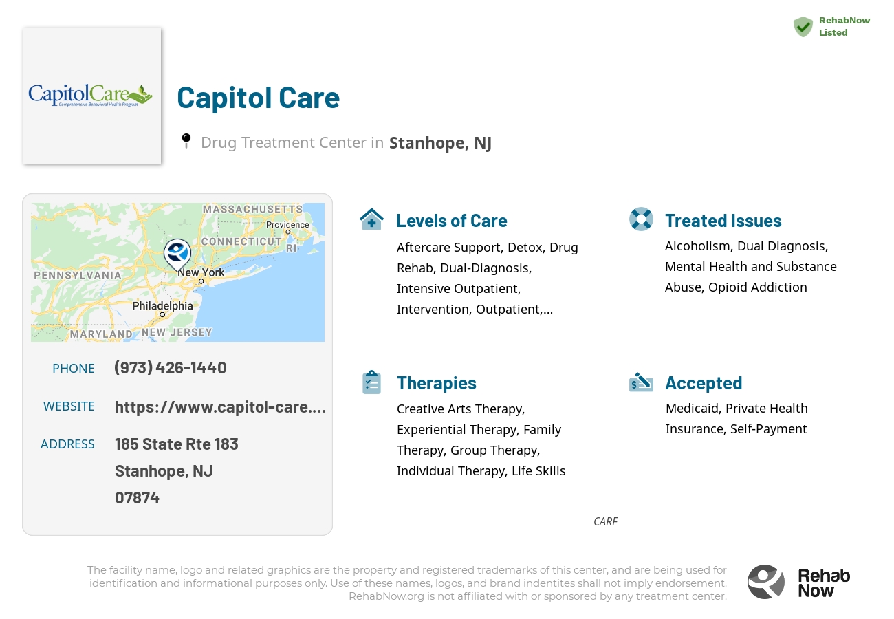 Helpful reference information for Capitol Care, a drug treatment center in New Jersey located at: 185 State Rte 183, Stanhope, NJ 07874, including phone numbers, official website, and more. Listed briefly is an overview of Levels of Care, Therapies Offered, Issues Treated, and accepted forms of Payment Methods.