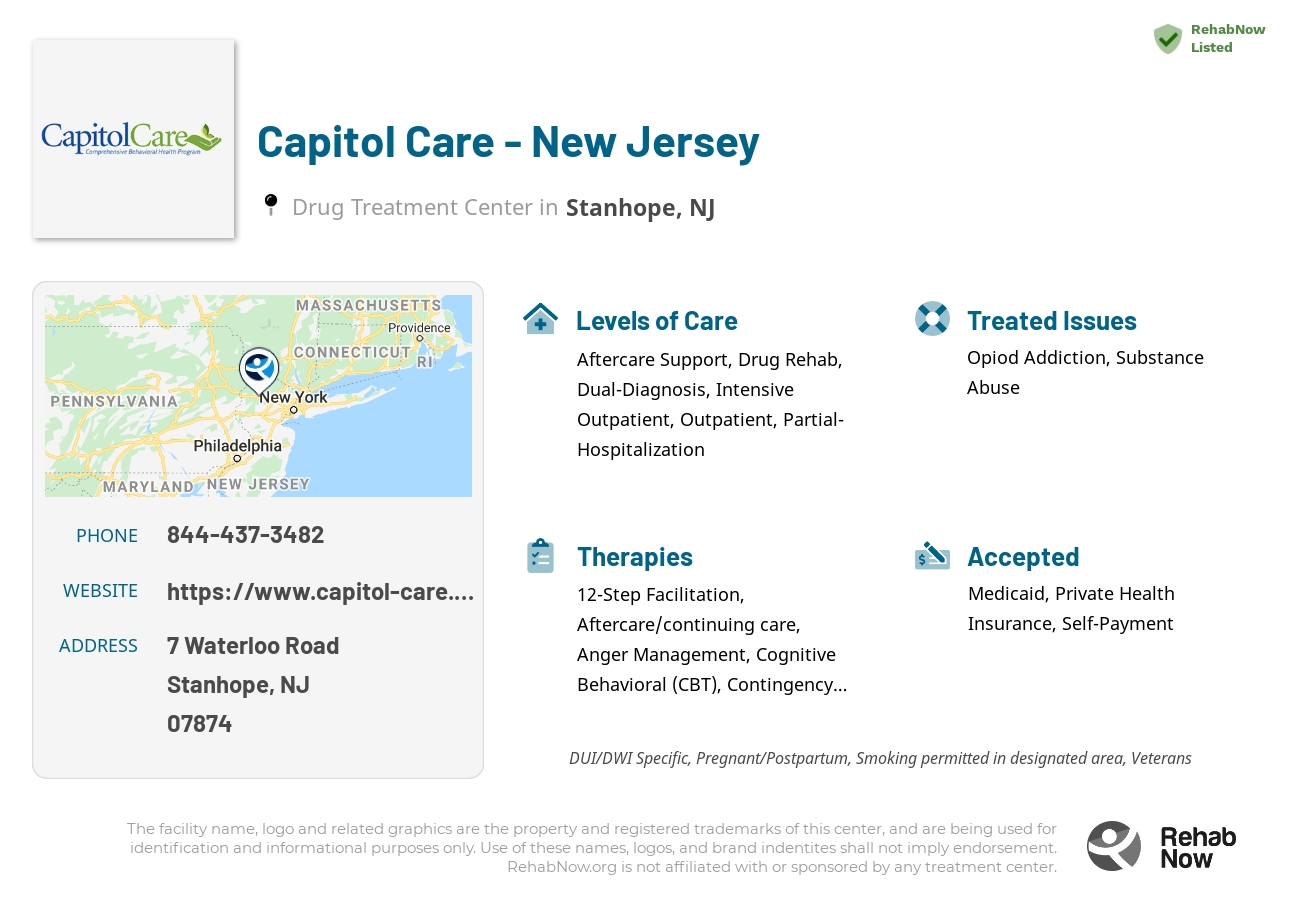 Helpful reference information for Capitol Care - New Jersey, a drug treatment center in New Jersey located at: 7 Waterloo Road, Stanhope, NJ 07874, including phone numbers, official website, and more. Listed briefly is an overview of Levels of Care, Therapies Offered, Issues Treated, and accepted forms of Payment Methods.
