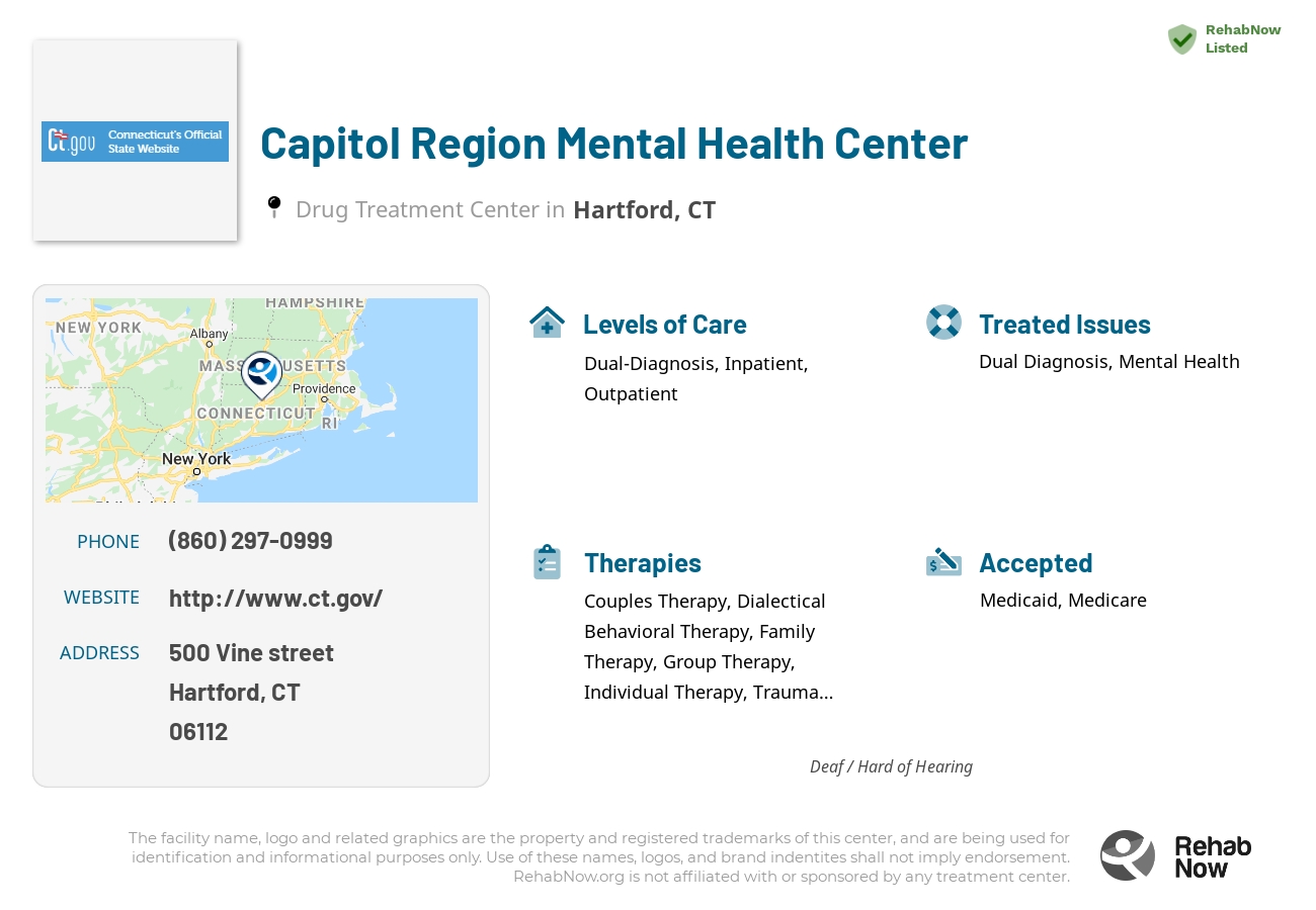 Helpful reference information for Capitol Region Mental Health Center, a drug treatment center in Connecticut located at: 500 Vine street, Hartford, CT, 06112, including phone numbers, official website, and more. Listed briefly is an overview of Levels of Care, Therapies Offered, Issues Treated, and accepted forms of Payment Methods.