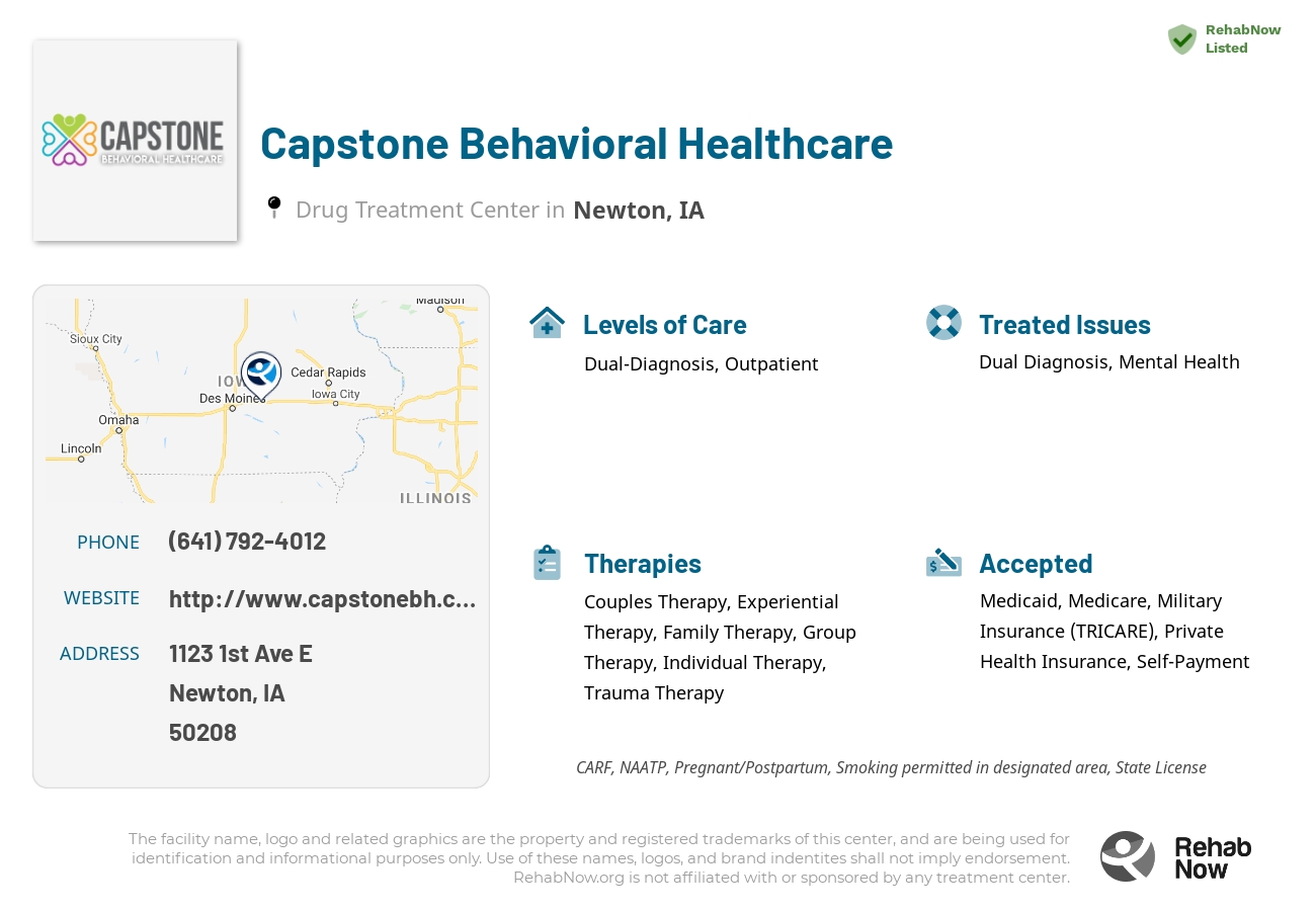 Helpful reference information for Capstone Behavioral Healthcare, a drug treatment center in Iowa located at: 1123 1st Ave E, Newton, IA, 50208, including phone numbers, official website, and more. Listed briefly is an overview of Levels of Care, Therapies Offered, Issues Treated, and accepted forms of Payment Methods.