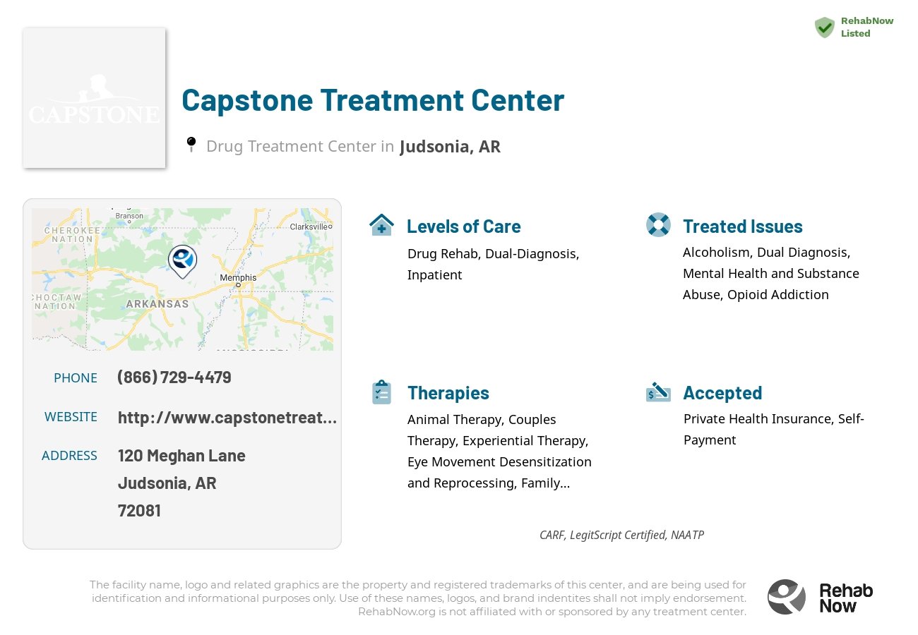 Helpful reference information for Capstone Treatment Center, a drug treatment center in Arkansas located at: 120 Meghan Lane, Judsonia, AR, 72081, including phone numbers, official website, and more. Listed briefly is an overview of Levels of Care, Therapies Offered, Issues Treated, and accepted forms of Payment Methods.