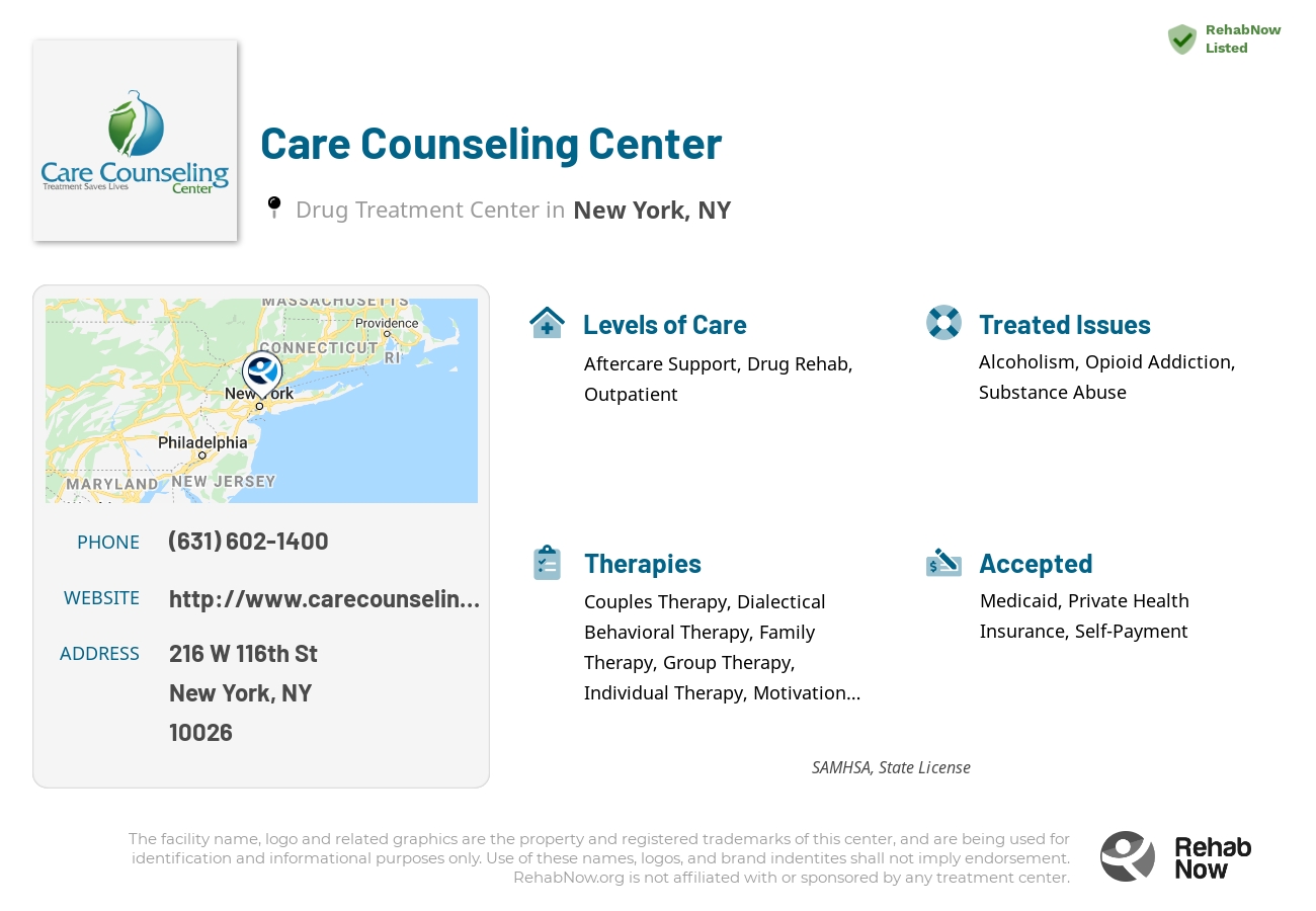 Helpful reference information for Care Counseling Center, a drug treatment center in New York located at: 216 W 116th St, New York, NY 10026, including phone numbers, official website, and more. Listed briefly is an overview of Levels of Care, Therapies Offered, Issues Treated, and accepted forms of Payment Methods.
