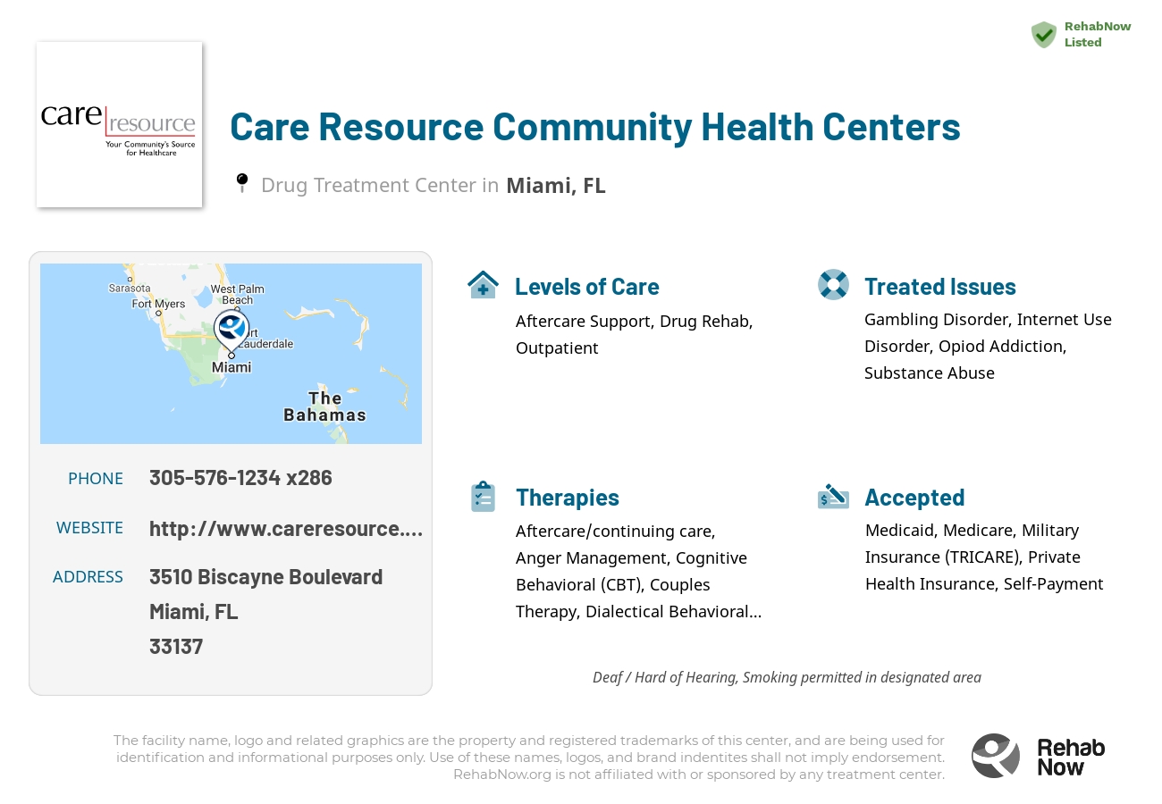 Helpful reference information for Care Resource Community Health Centers, a drug treatment center in Florida located at: 3510 Biscayne Boulevard, Miami, FL 33137, including phone numbers, official website, and more. Listed briefly is an overview of Levels of Care, Therapies Offered, Issues Treated, and accepted forms of Payment Methods.