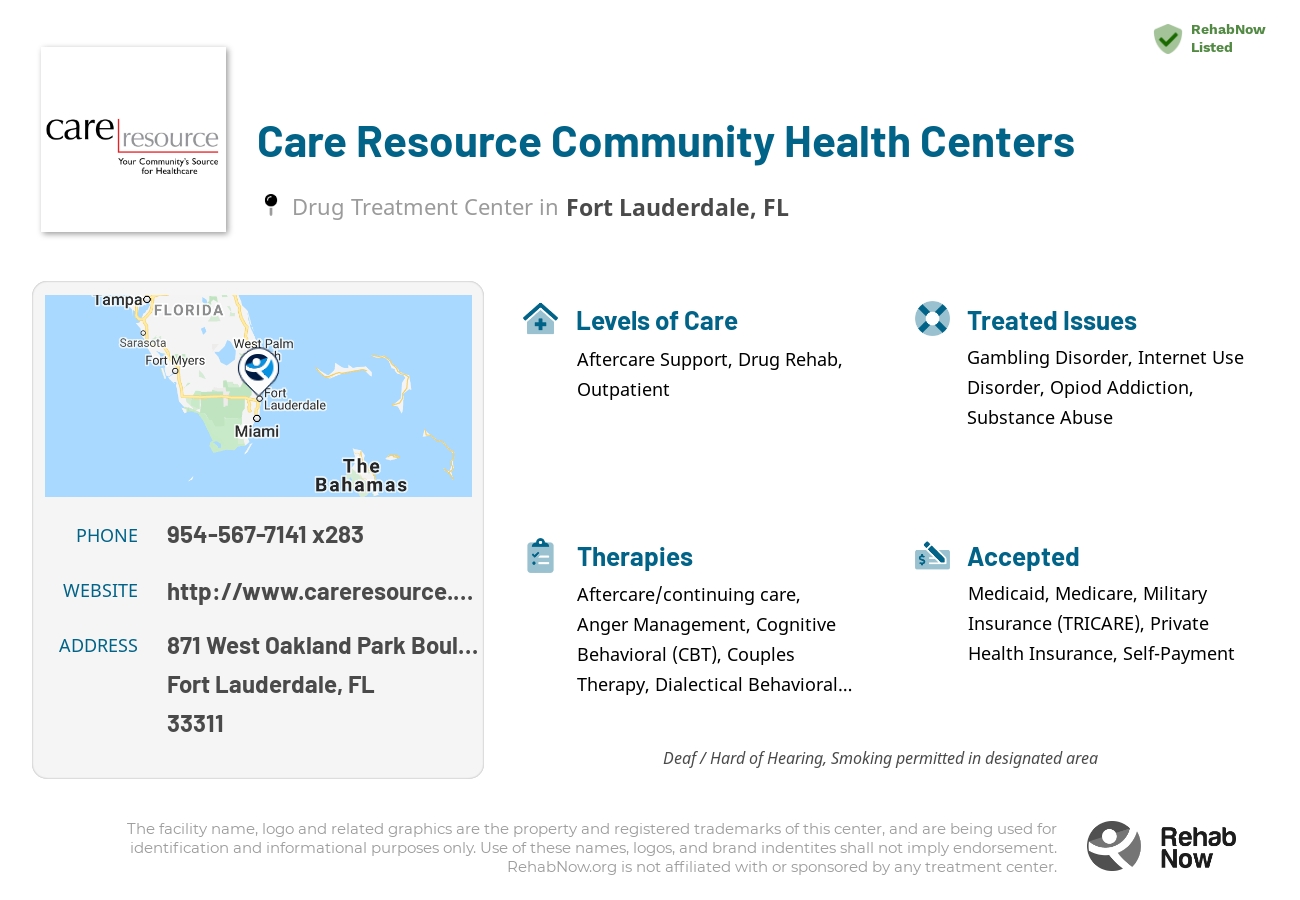 Helpful reference information for Care Resource Community Health Centers, a drug treatment center in Florida located at: 871 West Oakland Park Boulevard, Fort Lauderdale, FL 33311, including phone numbers, official website, and more. Listed briefly is an overview of Levels of Care, Therapies Offered, Issues Treated, and accepted forms of Payment Methods.