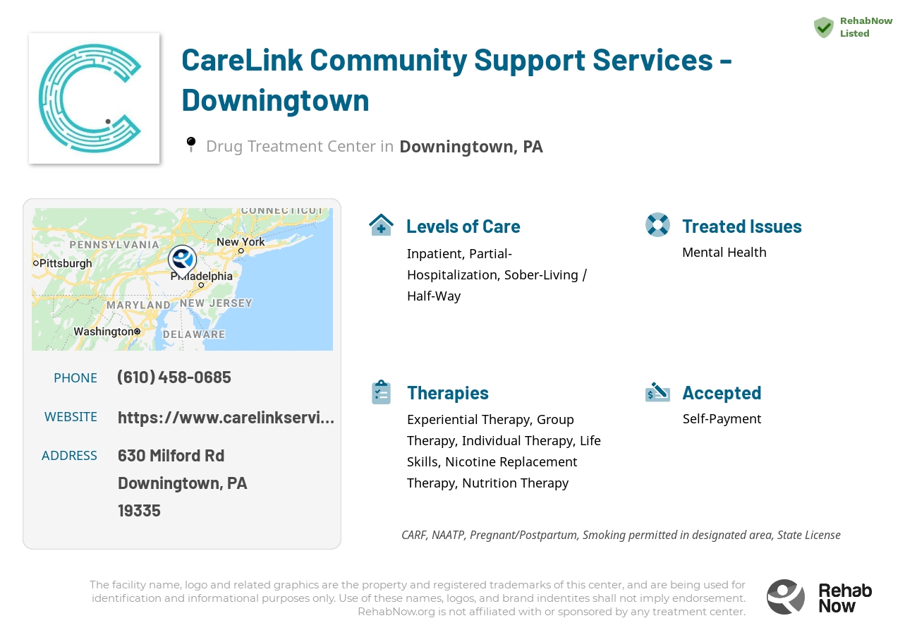 Helpful reference information for CareLink Community Support Services - Downingtown, a drug treatment center in Pennsylvania located at: 630 Milford Rd, Downingtown, PA 19335, including phone numbers, official website, and more. Listed briefly is an overview of Levels of Care, Therapies Offered, Issues Treated, and accepted forms of Payment Methods.