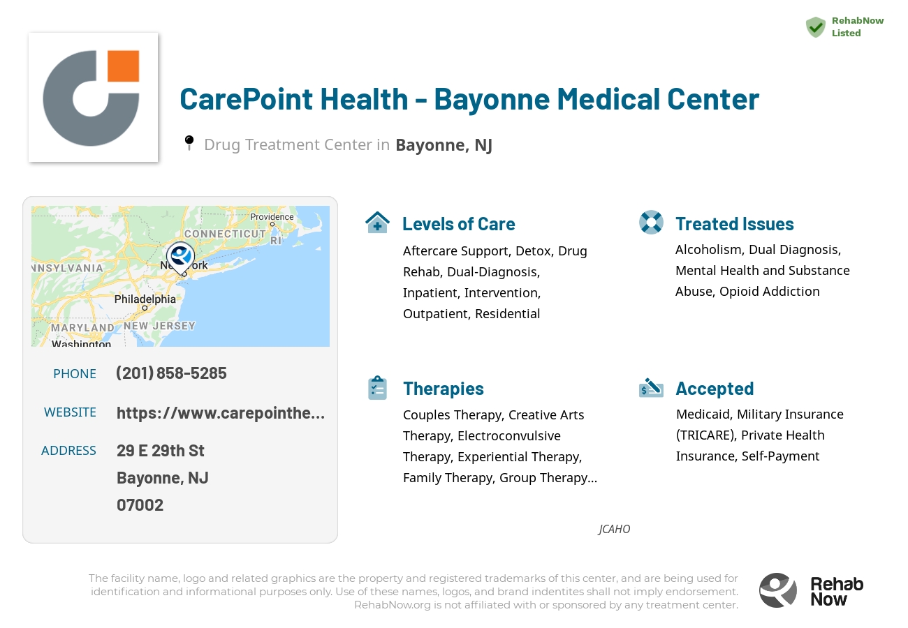 Helpful reference information for CarePoint Health - Bayonne Medical Center, a drug treatment center in New Jersey located at: 29 E 29th St, Bayonne, NJ 07002, including phone numbers, official website, and more. Listed briefly is an overview of Levels of Care, Therapies Offered, Issues Treated, and accepted forms of Payment Methods.