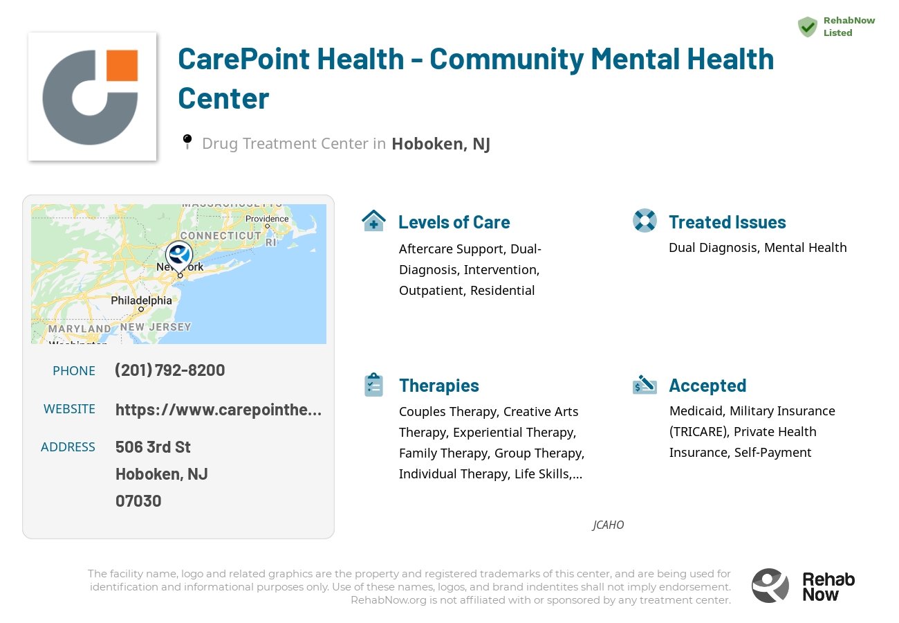 Helpful reference information for CarePoint Health - Community Mental Health Center, a drug treatment center in New Jersey located at: 506 3rd St, Hoboken, NJ 07030, including phone numbers, official website, and more. Listed briefly is an overview of Levels of Care, Therapies Offered, Issues Treated, and accepted forms of Payment Methods.